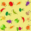 Seamless pattern of different cute happy vegetable characters. Vector flat illustration on light yellow background. Royalty Free Stock Photo