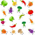 Seamless pattern of different cute happy vegetable characters. Vector flat illustration isolated on white background. Royalty Free Stock Photo