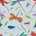 Seamless pattern with different dragonfly. Hand drawn background with flying adder. Vector illustration