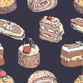 Seamless pattern of different drawn sweet brownies