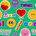 Seamless pattern with different emoji, pins, stamps, stickers. Different Phrases and words. Hand drawn trendy funny