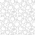 Seamless pattern with different fruits and berries. Black and white hand-drawn linear elements are isolated on a Royalty Free Stock Photo