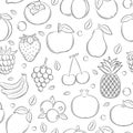 Seamless pattern with different fruits and berries. Black and white hand-drawn linear elements are isolated on a transparent Royalty Free Stock Photo