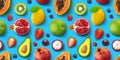 Seamless pattern of different fruits and berries, flat lay, top view, tropical and exotic texture Royalty Free Stock Photo