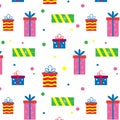 Seamless pattern with different gift boxes in cartoon style. Royalty Free Stock Photo