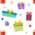 Seamless pattern different gift boxes and hearts. Full color wrapping paper, scrapbooking, background. Vector flat stock