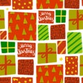 Seamless pattern of different gift boxes in red and green paper