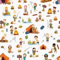 Seamless pattern. Different girls and boy tourist on nature. Camping. Royalty Free Stock Photo