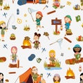 Seamless pattern. Different girls tourist on nature. Camping. Royalty Free Stock Photo