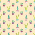 Seamless pattern with different green cacti in multi-colored pots