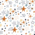 Seamless pattern with different hand drawn stars. Creative kids texture for fabric, wrapping, textile, wallpaper, apparel. Vector
