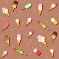 Seamless pattern with different ice cream cone and popsicle on a brown background with small stars Royalty Free Stock Photo