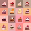 Seamless pattern with different kinds of cake slices. Sweet desserts, various taste.