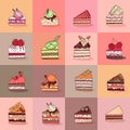 Seamless pattern with different kinds of cake slices. Sweet desserts, various taste.