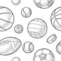 Seamless pattern different kinds sport balls. Vintage vector engraving