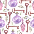 Seamless pattern with different leaves, bottles and retro key cut out on white background. Purple and warm green color. Dried