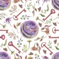 Seamless pattern with different leaves, flowers, sphere and retro key cut out on white background. Purple and warm green color.