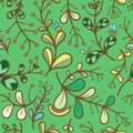 Seamless pattern with different leaves on green background. Vector print with plants and insects. Herbal cartoon poster.