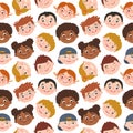 Seamless pattern with different multiracial smiling kids faces