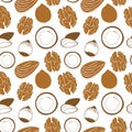 Seamless pattern with different nuts and seeds in soft brown colors. Trendy texture design for food packaging, kitchen wallpaper,