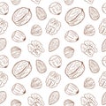 Seamless pattern with different nuts, whole and shelled. Walnuts, almonds, hazelnuts. Mix of nuts.