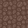 Seamless pattern with different nuts, whole and shelled. Walnuts, almonds, hazelnuts. Mix of nuts.