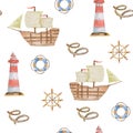 Seamless pattern with different old marine ships, helm, lighthouses and life buoy. watercolor illustration for prints, posters,