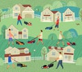 Seamless pattern. Different people mow grass with lawn mowers near houses Royalty Free Stock Photo