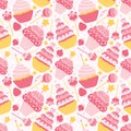 Seamless pattern of different pink sweets on a white background. Cake, cupcakes, muffins, lollipops, strawberries with cream.