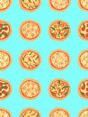 Seamless pattern with different pizza including margherita, pepperoni, shrimp, onion, chili pepper, bacon, tomatoes.