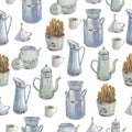 Seamless pattern of different rusty dishes and wood cutlery. Made in the technique of colored pencils. Hand drawn Royalty Free Stock Photo