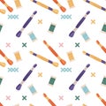 Seamless pattern with different sewing and embroidery tools on light background. Endless repeating texture with craft items for Royalty Free Stock Photo