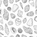 Seamless pattern with different shapes shallows. Hand drawn Vector illustration. Paper, textile, web design. Underwater, coral