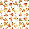 Seamless pattern with different slices pizza top view with ingredients