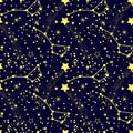 Seamless pattern, different stars and constellations in golden color against the dark night sky. Textile, wallpaper Royalty Free Stock Photo