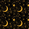 Seamless pattern, different stars, moon and constellations of golden color on the dark night sky. Textile, phone cover Royalty Free Stock Photo