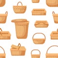 Seamless pattern with different straw wicker baskets of various shapes on white background. Repeating backdrop with Royalty Free Stock Photo