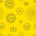 Seamless pattern with different stylized crowns and precious stones on yellow background. Elegant linear graphic design