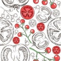 Seamless pattern with different tomatoes. Cherry Tomatoes and Tomato Slices. Royalty Free Stock Photo