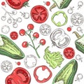 Seamless pattern with different tomatoes and paprika. Royalty Free Stock Photo
