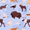 Seamless pattern with different tundra animals flat style, vector illustration