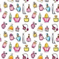 Seamless pattern with of different type of parfume bottles Royalty Free Stock Photo