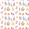 Seamless pattern with of different type of parfume bottles Royalty Free Stock Photo