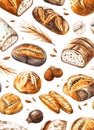 a seamless pattern of different types of bread and wheat on a white background Royalty Free Stock Photo