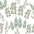 Seamless pattern of different types of field grasses and branches. Plant ornament of simple botanical elements. Concept of ecology Royalty Free Stock Photo