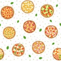 Seamless pattern with different types of pizza top view with ingredients Royalty Free Stock Photo