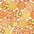 Seamless pattern with different types of pizza top view with ingredients Royalty Free Stock Photo