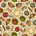 Seamless pattern with different types of tasty uncooked pasta. Backdrop with delicious traditional Italian product. Hand