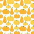 Seamless pattern with different varieties of pumpkins. bottle gourd; cinderella variety; butternut