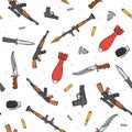 Seamless pattern with different weapon scattered by doodle. Handmade bombs Royalty Free Stock Photo